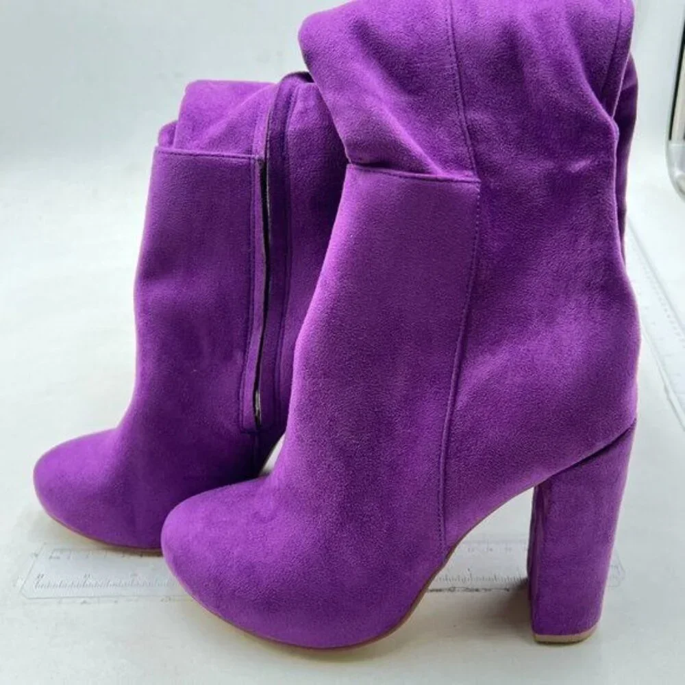 Women Thick High Heel Knee High Long Boots Closed Toe Pull On Faux Sued Purple